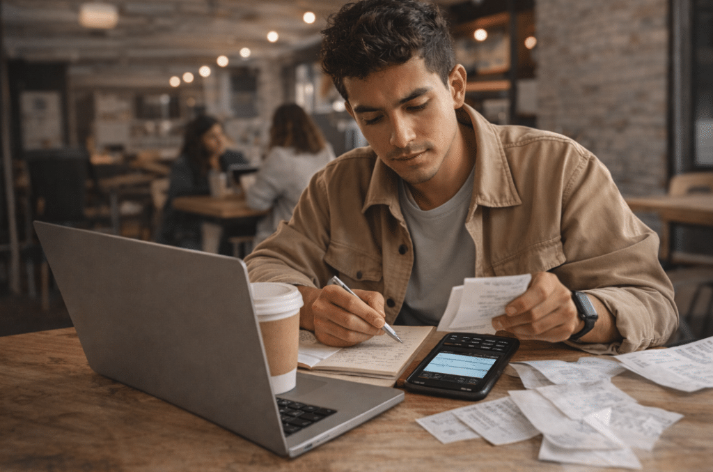 Estudiante universitario revisando sus gastos con recibos y calculadora en un café, organizando sus finanzas personales.