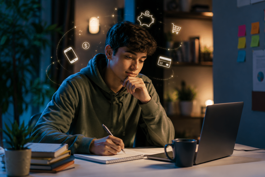 Joven universitario utilizando un computador portátil mientras organiza sus finanzas con ayuda de herramientas digitales e inteligencia artificial en un espacio de estudio moderno.